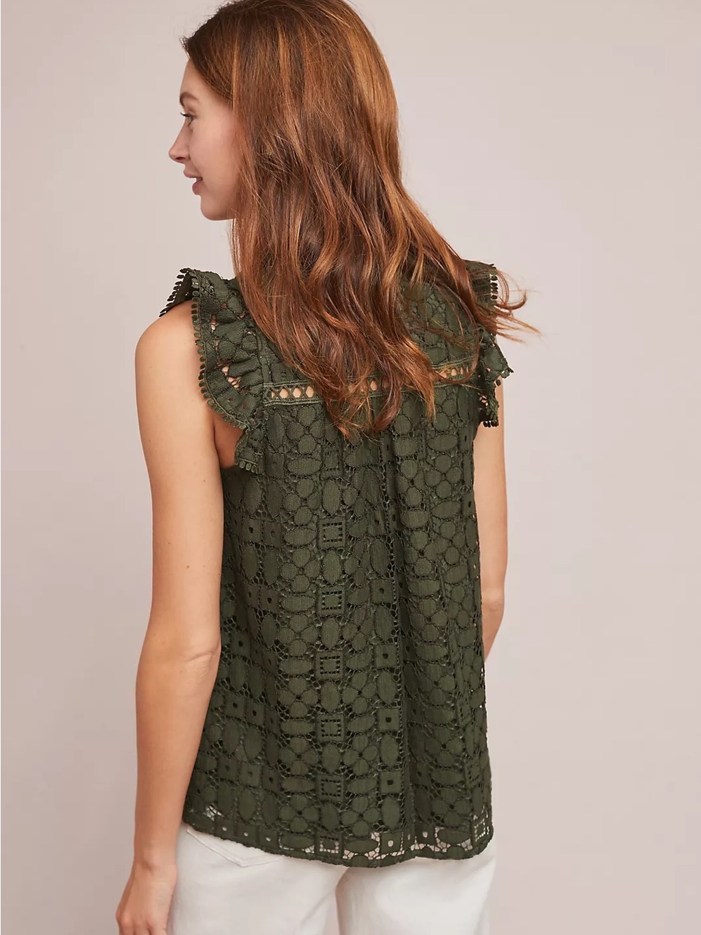 Maeve Olive Green Lace Ruffle Sleeve Blouse - Picture 2 of 6